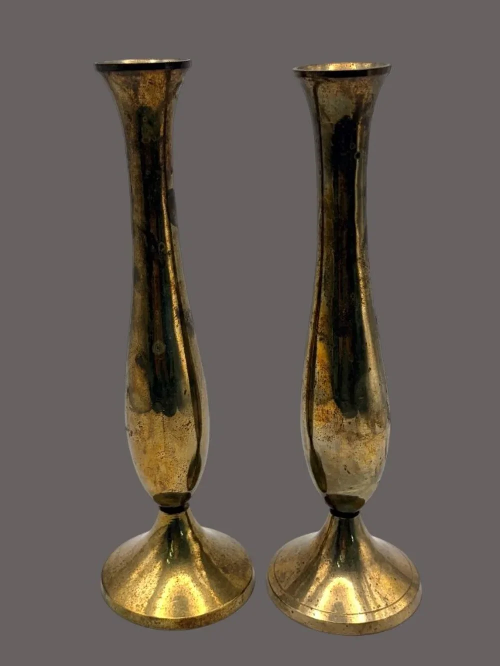 Vintage India Brass Bud Vases Pair Tall Trumpet Boho Decor 8.5